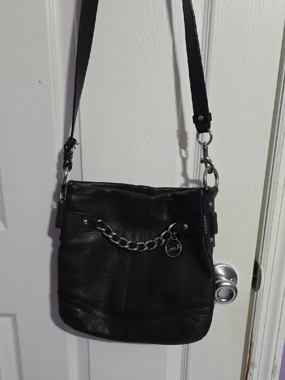 Coach Black Leather Crossbody with Silver Chain Accent